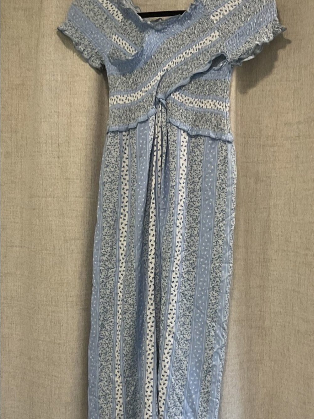Light Blue Patterned Maxi Dress with Tie Waist